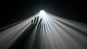 Person,In,Beams,Of,Stage,Light,In,Foggy,Dark,Studio.